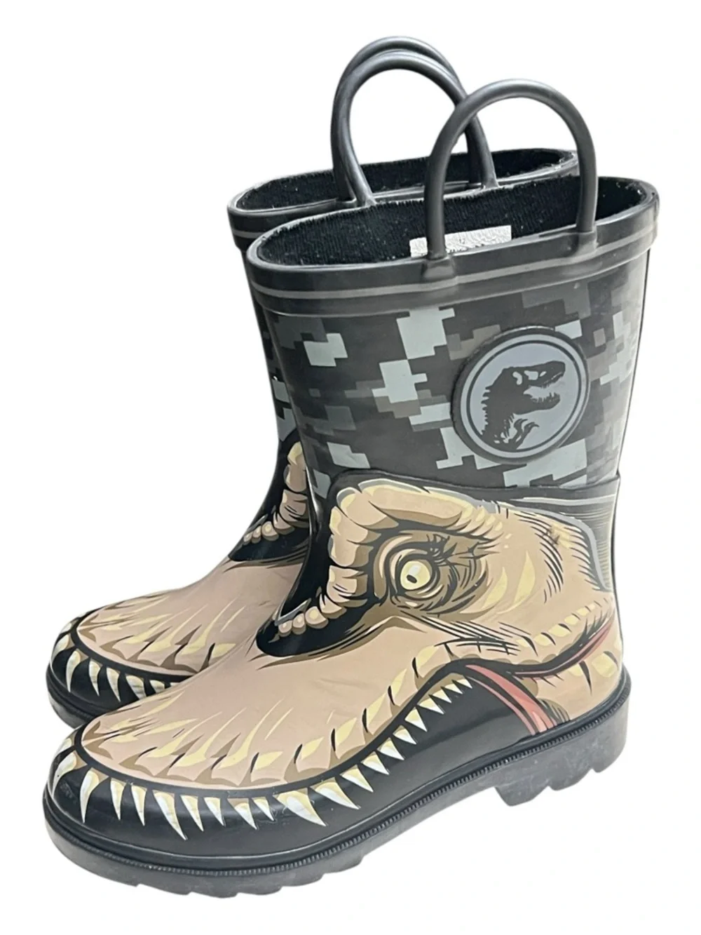 Kids Dinosaur Rain Boots with Camouflage Print - Black & Tan Size 12
